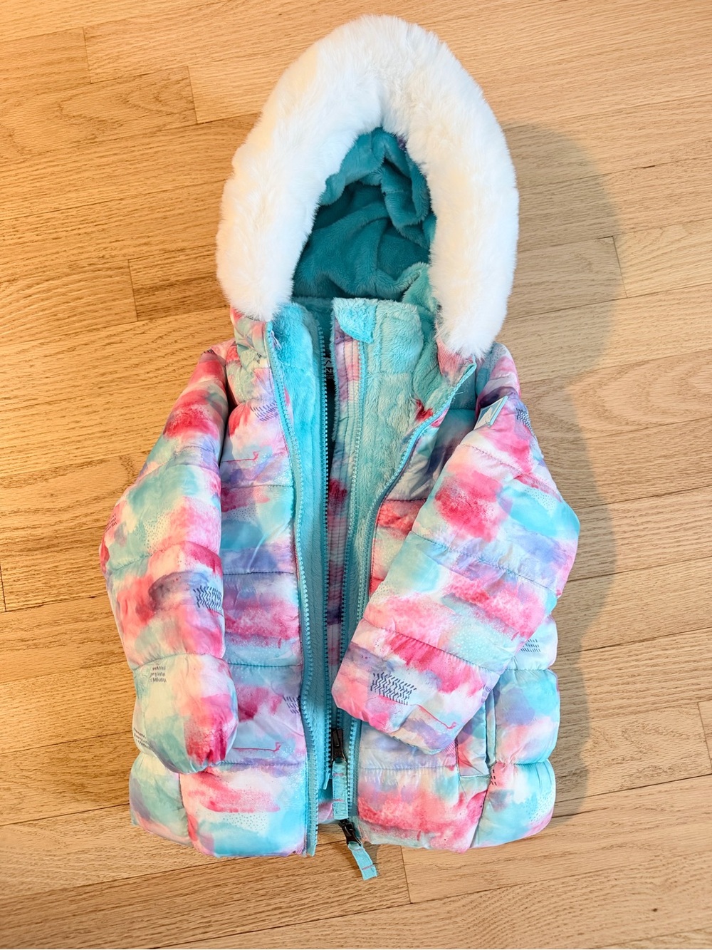 Snozu Kids Watercolor Tie-Dye Puffer Jacket with Faux Fur Hood - Aqua & Pink